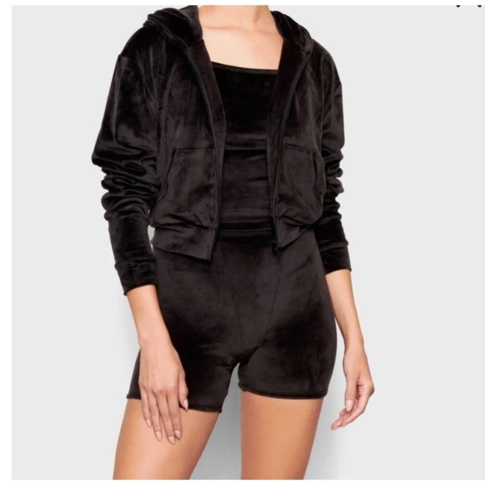Skims Womens Black Velour Y2K‎ Velvet Cropped Zip Up Hooded Sweatshirt XXS
